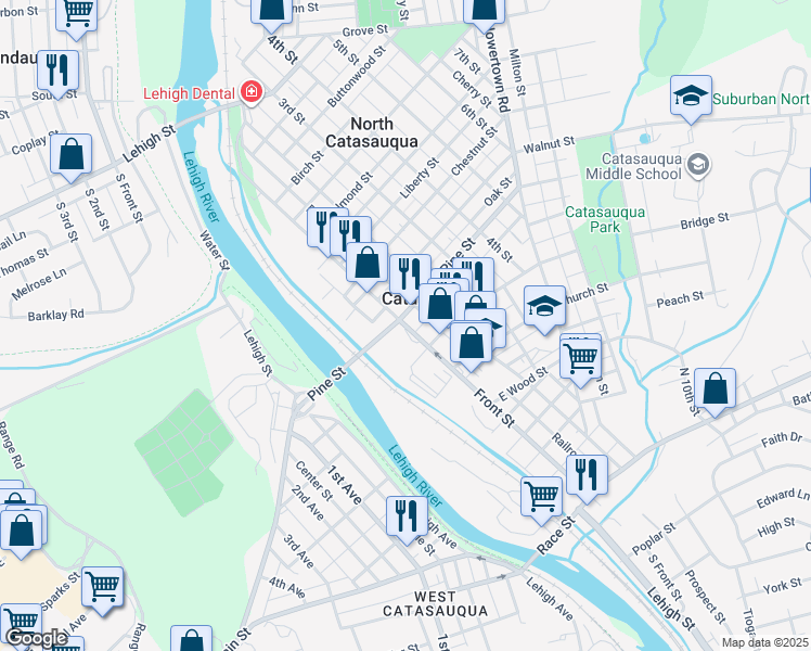 map of restaurants, bars, coffee shops, grocery stores, and more near Front Street in Catasauqua