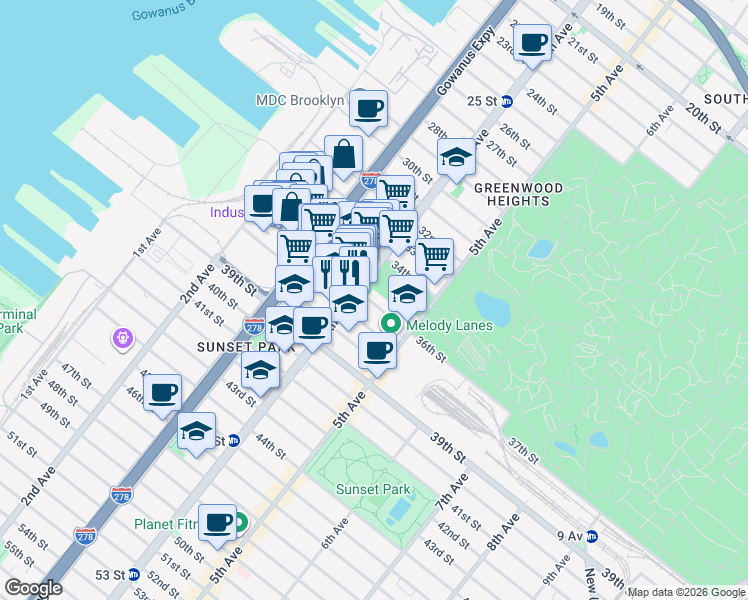 map of restaurants, bars, coffee shops, grocery stores, and more near in Brooklyn