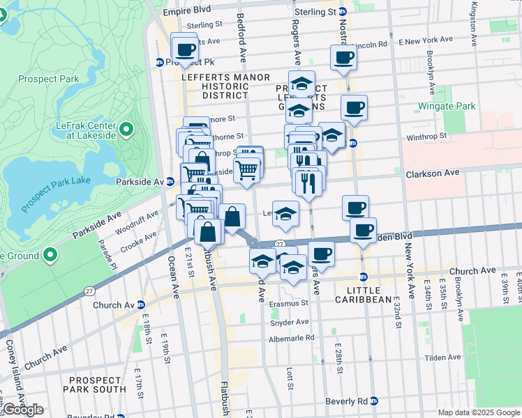 map of restaurants, bars, coffee shops, grocery stores, and more near 101 Lenox Road in Brooklyn