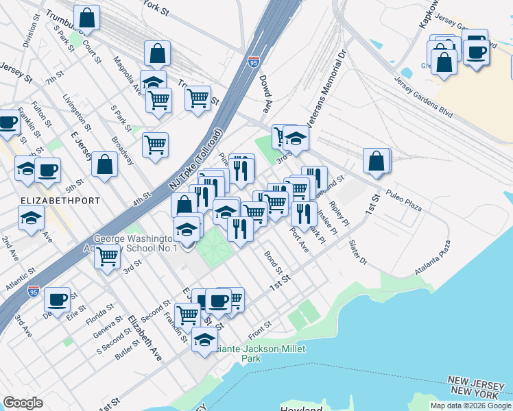 map of restaurants, bars, coffee shops, grocery stores, and more near 251 Pine Street in Elizabeth