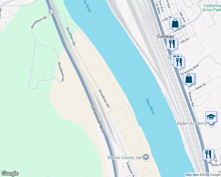 map of restaurants, bars, coffee shops, grocery stores, and more near Unnamed Road in Monaca