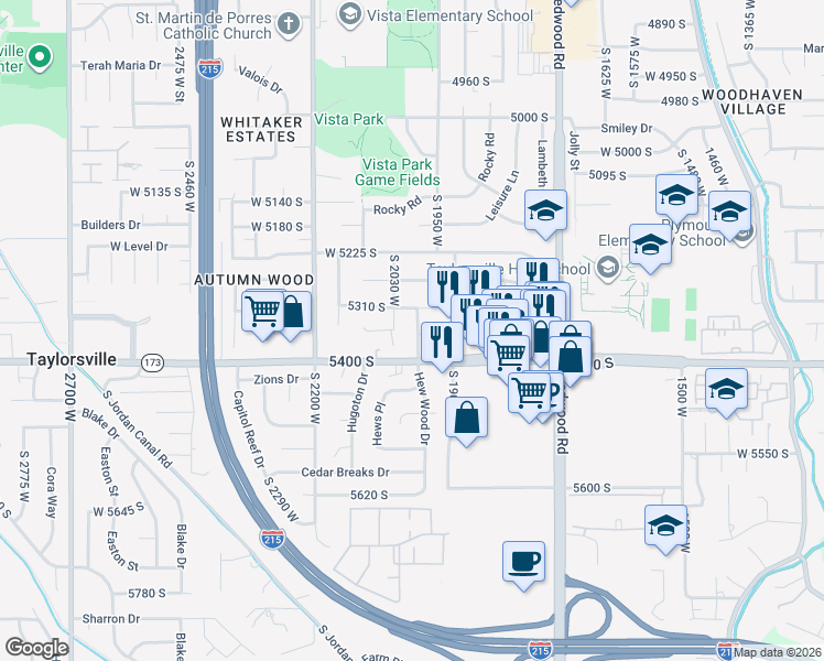 map of restaurants, bars, coffee shops, grocery stores, and more near 5350 Hew Wood Drive in Taylorsville