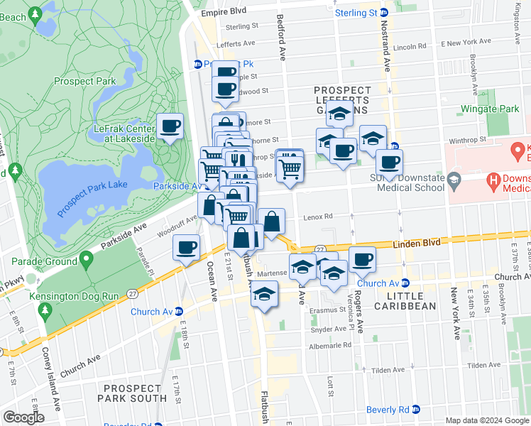 map of restaurants, bars, coffee shops, grocery stores, and more near 7072 Clarkson Avenue in Brooklyn