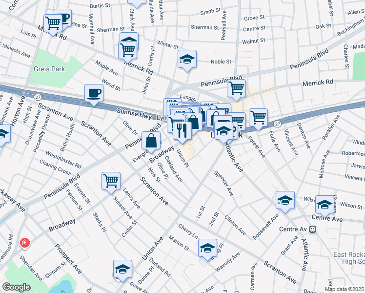 map of restaurants, bars, coffee shops, grocery stores, and more near 603 Sunrise Highway in Lynbrook