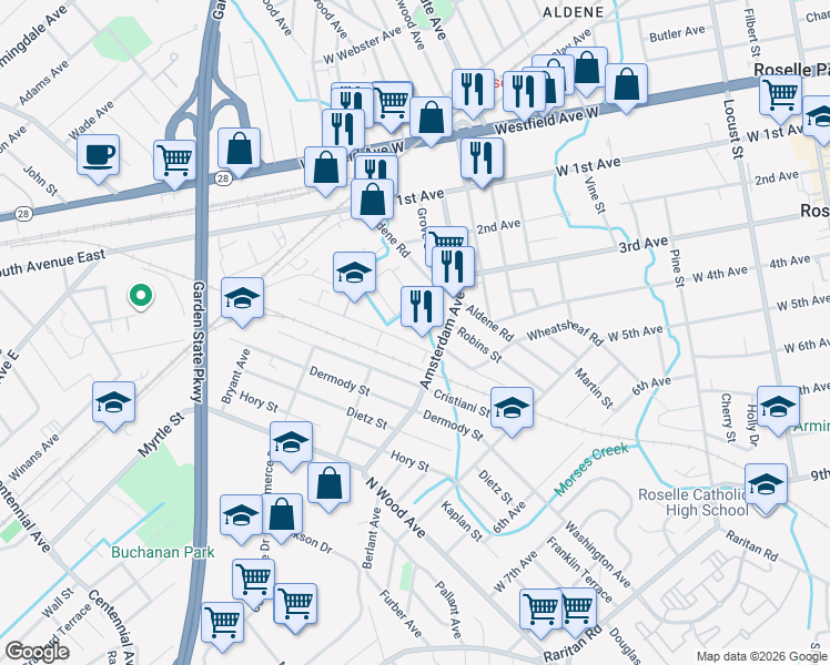 map of restaurants, bars, coffee shops, grocery stores, and more near 621 Prosper Avenue in Roselle