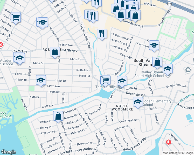 map of restaurants, bars, coffee shops, grocery stores, and more near 262-15 Hungry Harbor Road in Queens