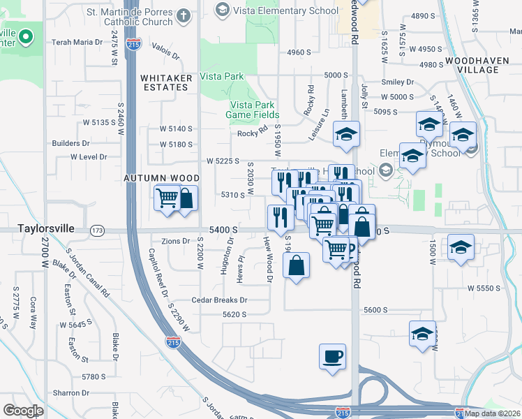 map of restaurants, bars, coffee shops, grocery stores, and more near 5350 Hew Wood Drive in Taylorsville