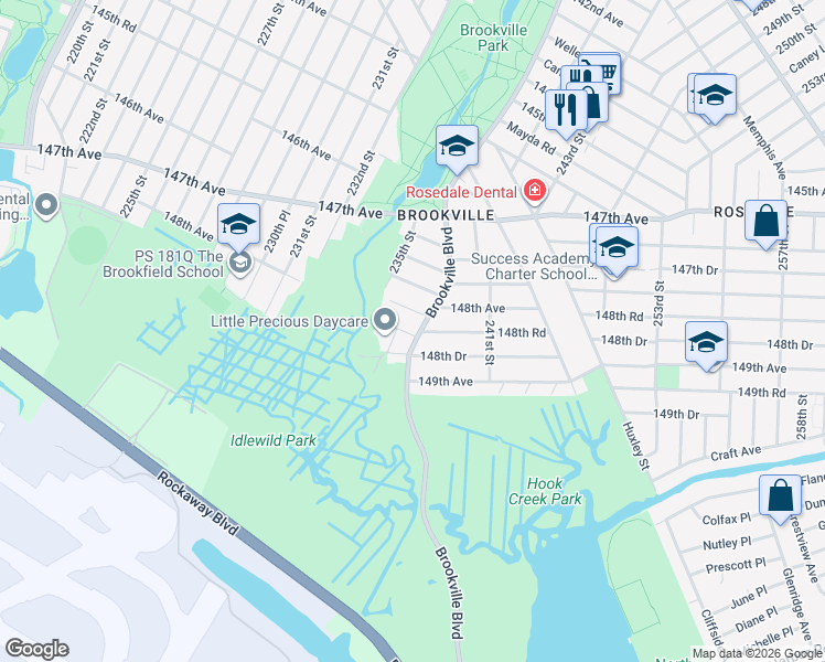 map of restaurants, bars, coffee shops, grocery stores, and more near 148-44 Brookville Boulevard in Queens