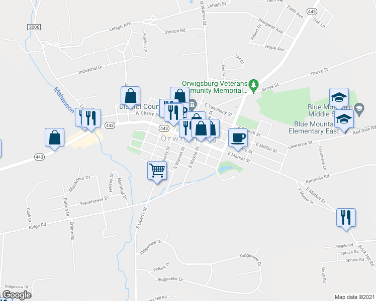 map of restaurants, bars, coffee shops, grocery stores, and more near 125 South Warren Street in Orwigsburg