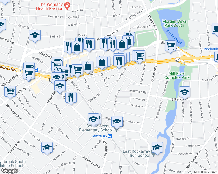 map of restaurants, bars, coffee shops, grocery stores, and more near 78 Denton Avenue in Lynbrook