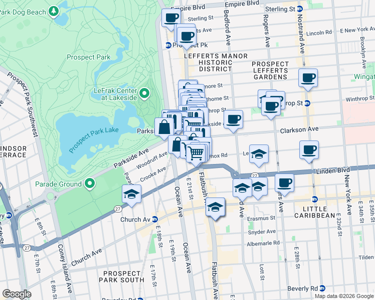 map of restaurants, bars, coffee shops, grocery stores, and more near 21 East 21st Street in Brooklyn