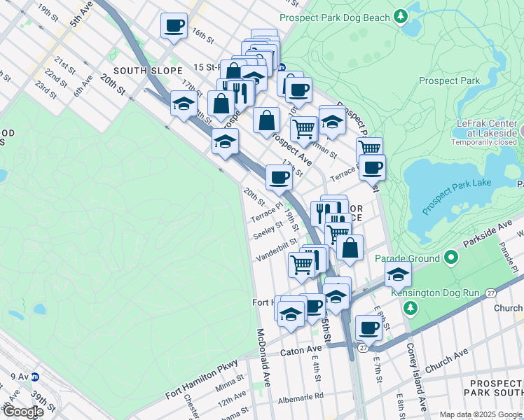 map of restaurants, bars, coffee shops, grocery stores, and more near 35 Terrace Place in Brooklyn