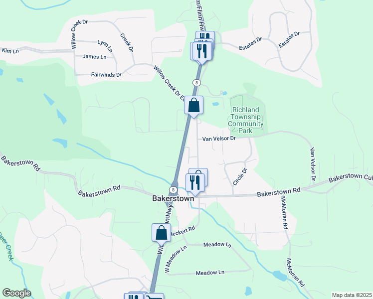 map of restaurants, bars, coffee shops, grocery stores, and more near 5908 William Flinn Highway in Bakerstown