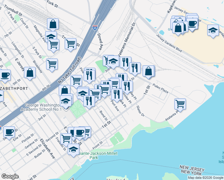 map of restaurants, bars, coffee shops, grocery stores, and more near 206 Clark Place in Elizabeth