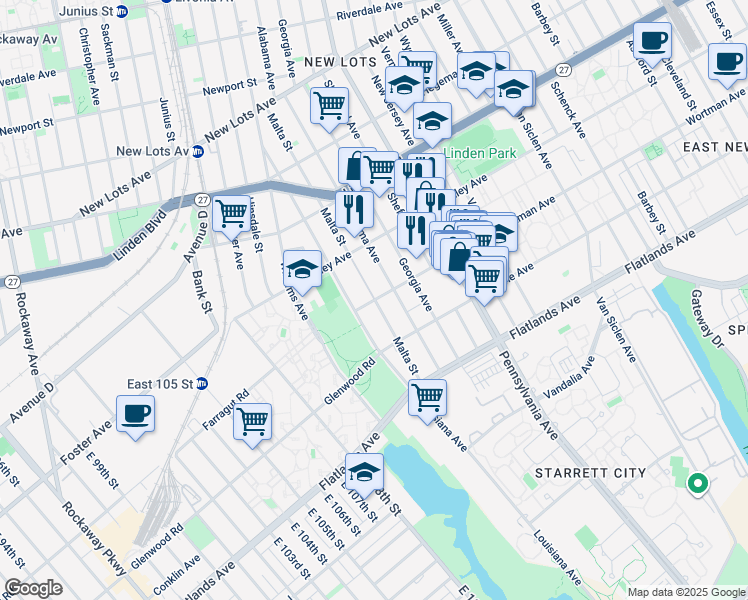 map of restaurants, bars, coffee shops, grocery stores, and more near 25 Wortman Avenue in Brooklyn