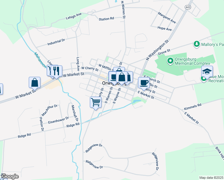 map of restaurants, bars, coffee shops, grocery stores, and more near 125 South Warren Street in Orwigsburg