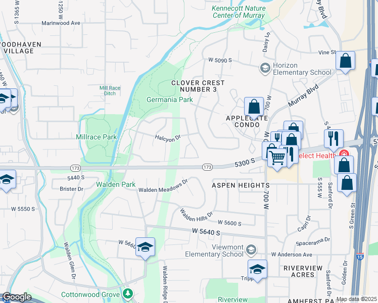 map of restaurants, bars, coffee shops, grocery stores, and more near 5373 Old Trenton Way in Murray