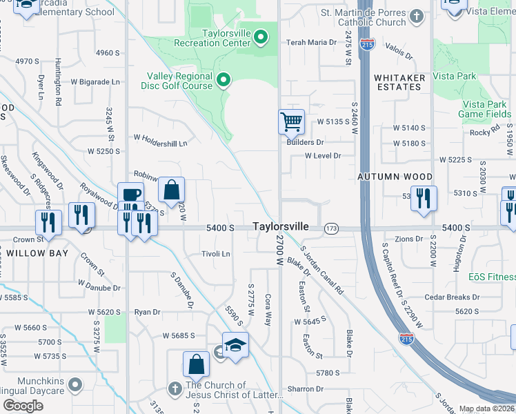 map of restaurants, bars, coffee shops, grocery stores, and more near 5350 South Jordan Canal Road in Salt Lake City