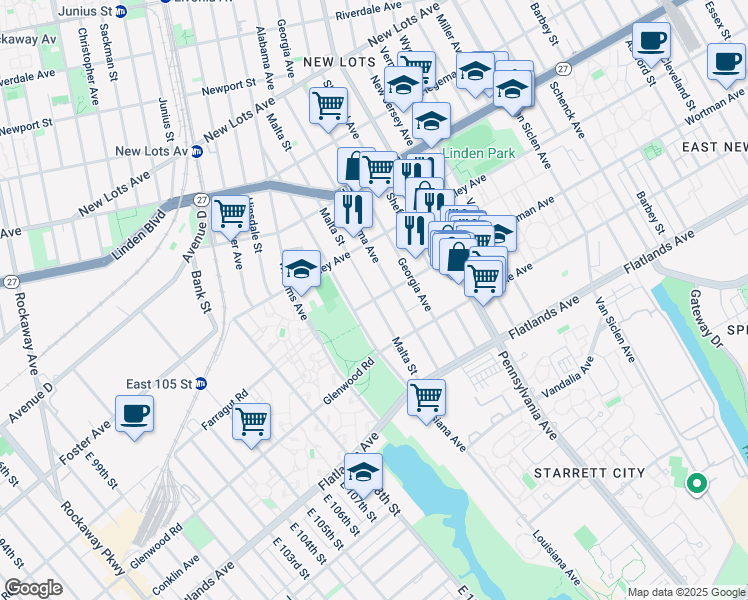 map of restaurants, bars, coffee shops, grocery stores, and more near 25 Wortman Avenue in Brooklyn