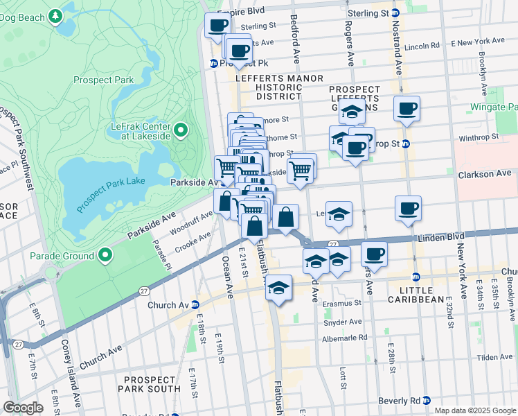 map of restaurants, bars, coffee shops, grocery stores, and more near 2123 Lenox Road in Brooklyn