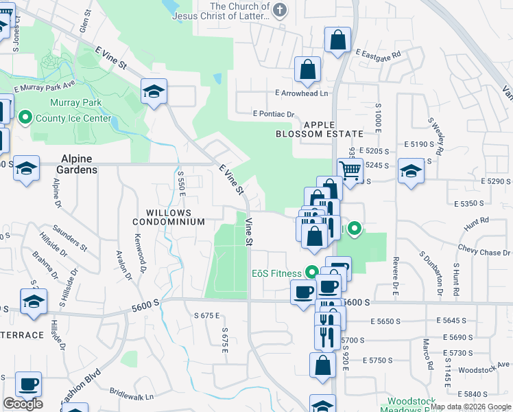 map of restaurants, bars, coffee shops, grocery stores, and more near 672 Vine Street in Murray