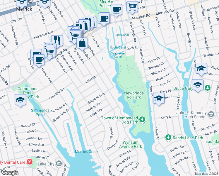 map of restaurants, bars, coffee shops, grocery stores, and more near 2788 Lincoln Boulevard in Merrick