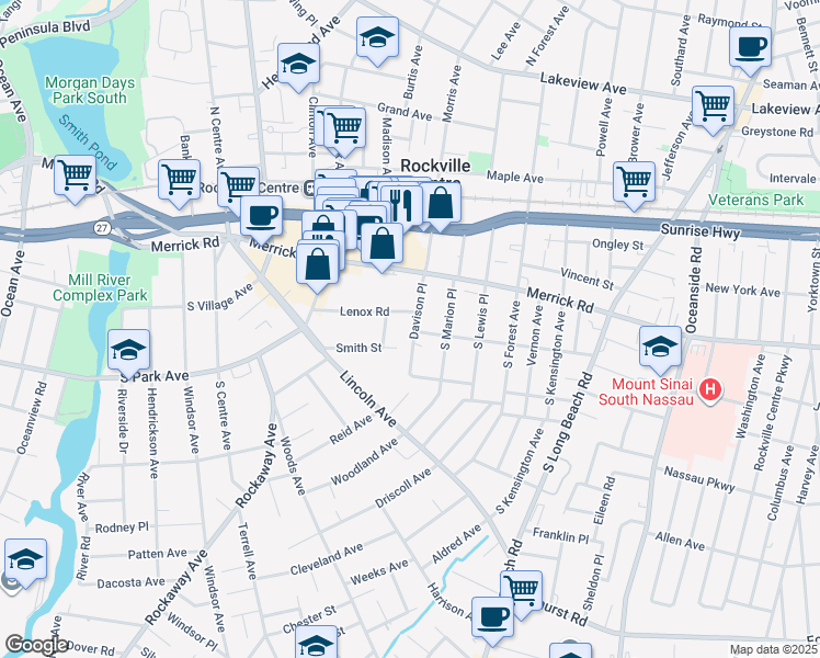 map of restaurants, bars, coffee shops, grocery stores, and more near 88 Lenox Road in Rockville Centre
