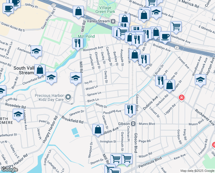map of restaurants, bars, coffee shops, grocery stores, and more near 54 Wood Lane in Valley Stream