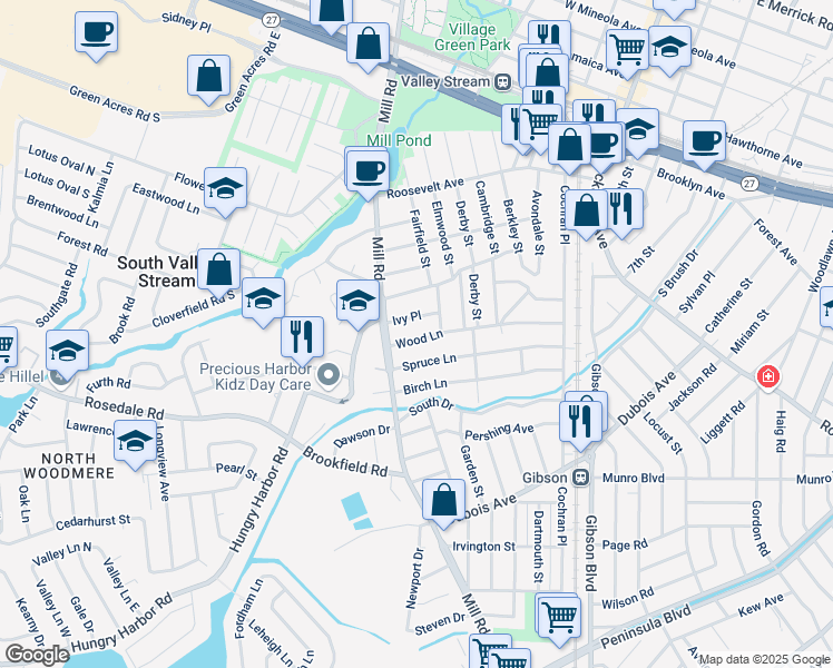 map of restaurants, bars, coffee shops, grocery stores, and more near 14 Ivy Place in Valley Stream