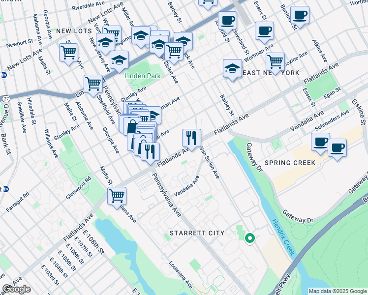 map of restaurants, bars, coffee shops, grocery stores, and more near 12205 Flatlands Avenue in Brooklyn