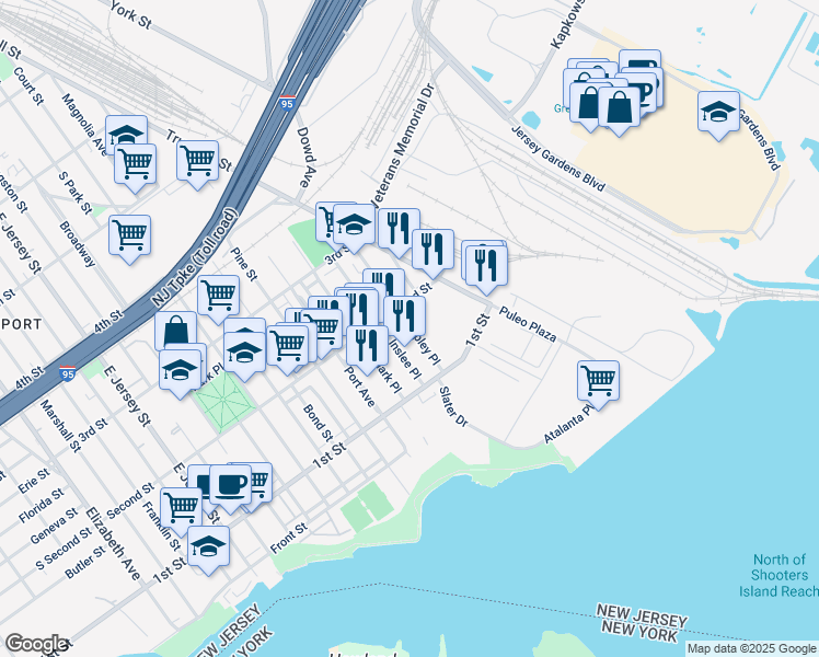 map of restaurants, bars, coffee shops, grocery stores, and more near 315 Second Street in Elizabeth