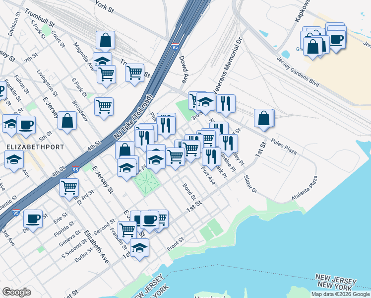 map of restaurants, bars, coffee shops, grocery stores, and more near 235 Port Avenue in Elizabeth