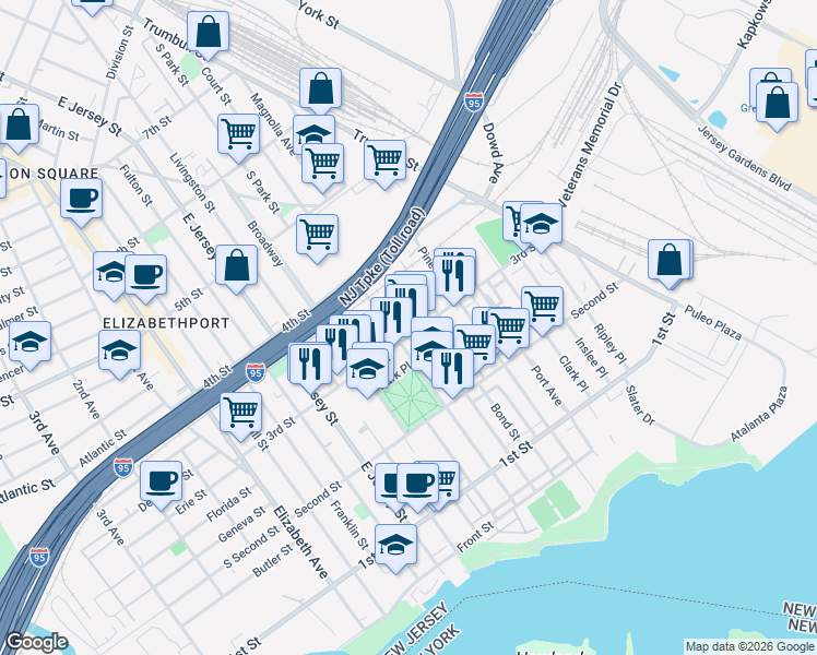 map of restaurants, bars, coffee shops, grocery stores, and more near 319 Court Street in Elizabeth