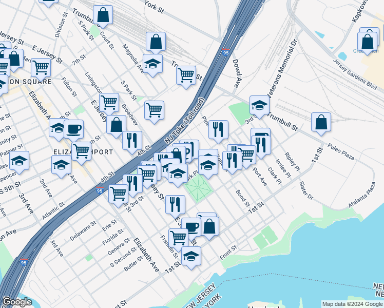 map of restaurants, bars, coffee shops, grocery stores, and more near 319 Court Street in Elizabeth