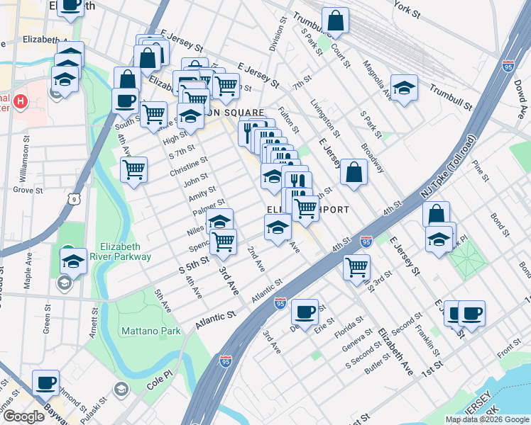 map of restaurants, bars, coffee shops, grocery stores, and more near 534 1st Avenue in Elizabeth
