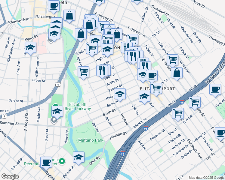 map of restaurants, bars, coffee shops, grocery stores, and more near 221 Palmer Street in Elizabeth
