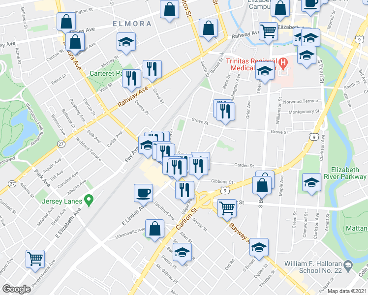 map of restaurants, bars, coffee shops, grocery stores, and more near 444-446 New York Avenue in Elizabeth