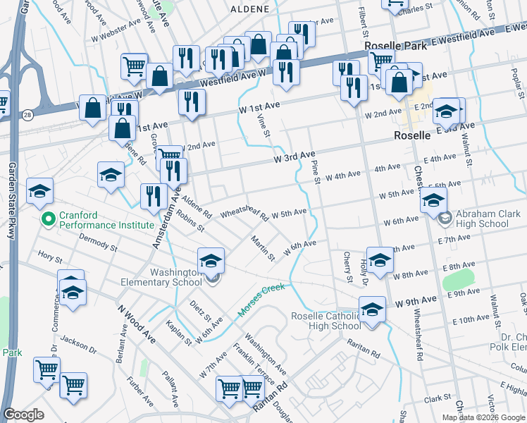 map of restaurants, bars, coffee shops, grocery stores, and more near 440 Wheatsheaf Road in Roselle