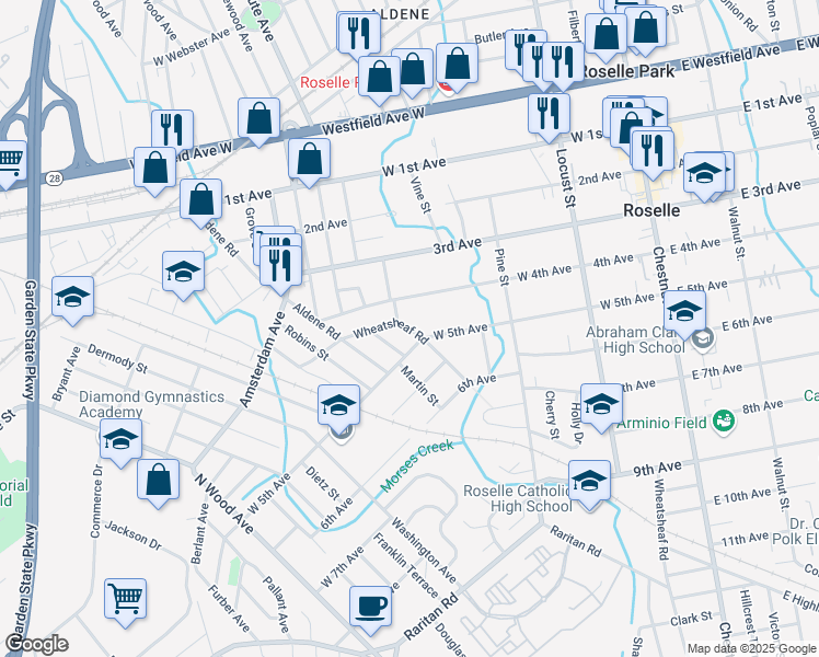 map of restaurants, bars, coffee shops, grocery stores, and more near 440 Wheatsheaf Road in Roselle