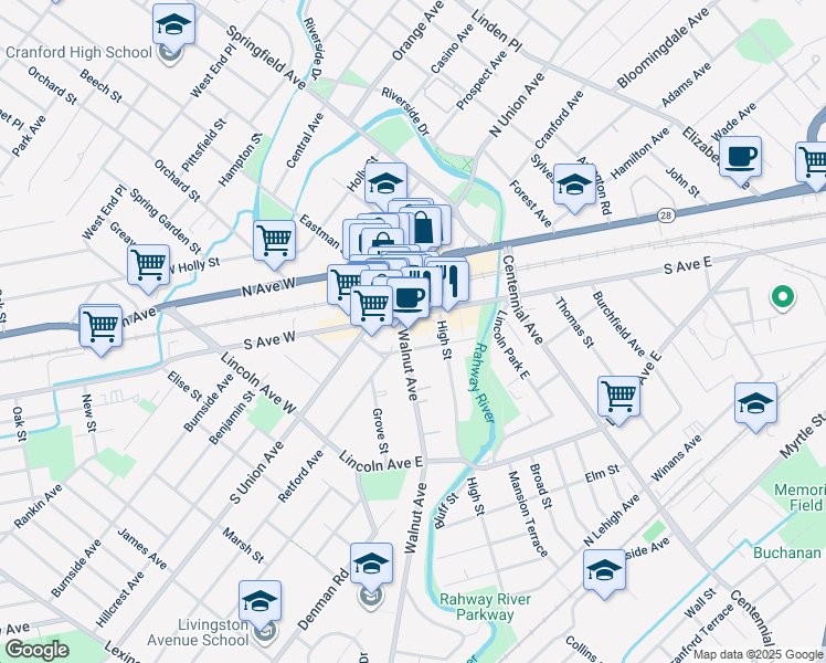 map of restaurants, bars, coffee shops, grocery stores, and more near 104 South Avenue East in Cranford