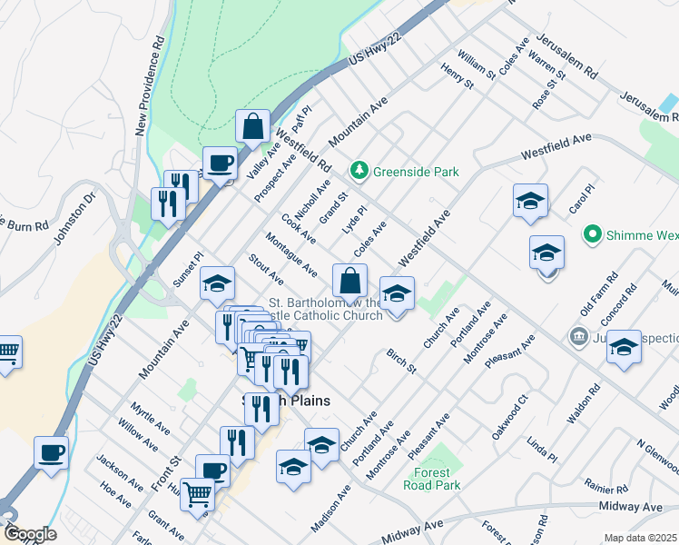 map of restaurants, bars, coffee shops, grocery stores, and more near 384 Cook Avenue in Scotch Plains