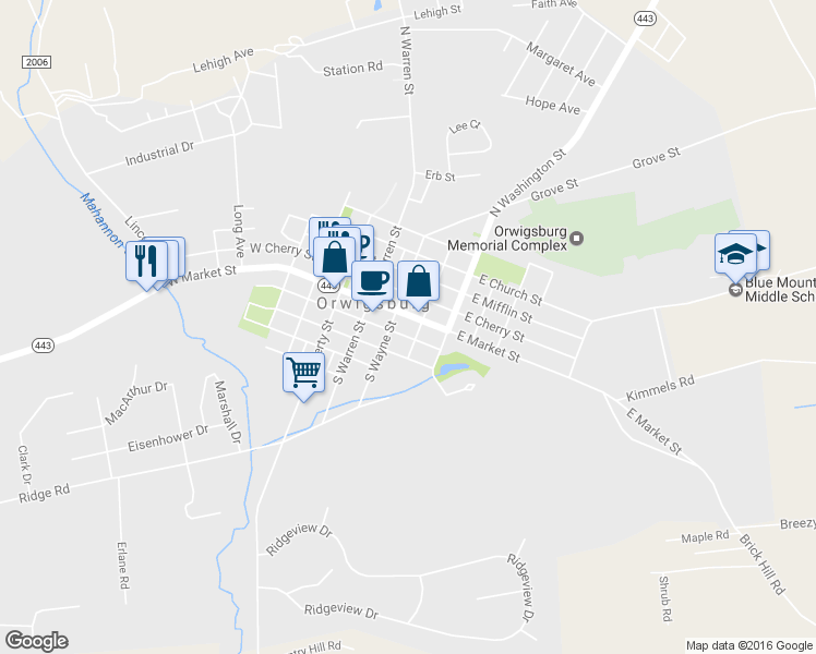 map of restaurants, bars, coffee shops, grocery stores, and more near 214 East Market Street in Orwigsburg