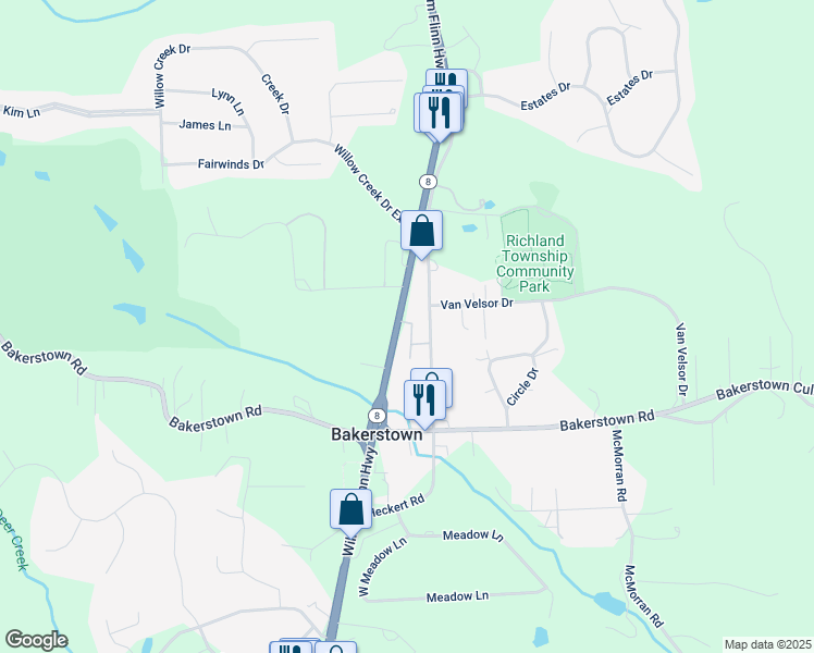 map of restaurants, bars, coffee shops, grocery stores, and more near 5908 William Flinn Highway in Bakerstown