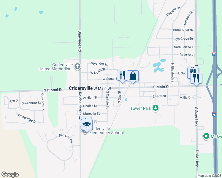 map of restaurants, bars, coffee shops, grocery stores, and more near 300 West Main Street in Cridersville