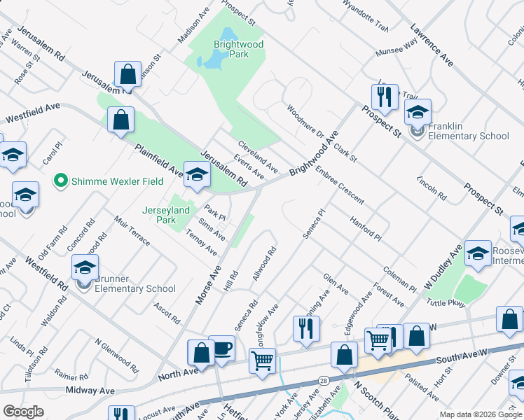 map of restaurants, bars, coffee shops, grocery stores, and more near 2458 Morse Avenue in Scotch Plains