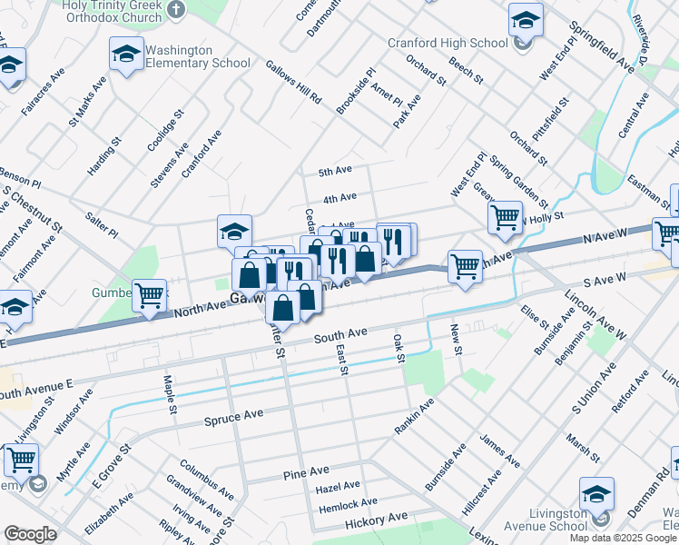 map of restaurants, bars, coffee shops, grocery stores, and more near 245 2nd Avenue in Garwood