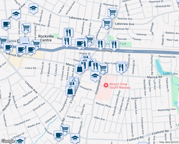 map of restaurants, bars, coffee shops, grocery stores, and more near 555 Merrick Road in Rockville Centre
