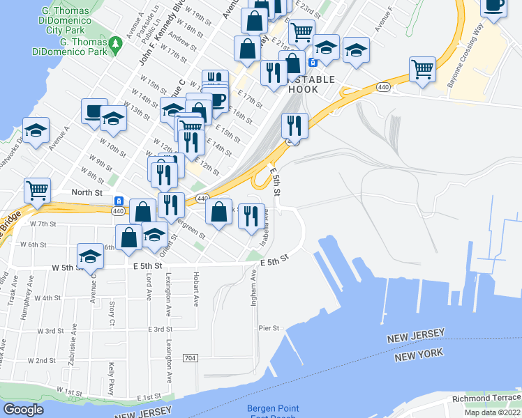 map of restaurants, bars, coffee shops, grocery stores, and more near Oak St & Elm Ct in Bayonne