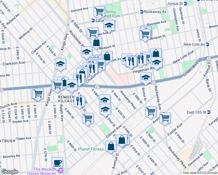 map of restaurants, bars, coffee shops, grocery stores, and more near Linden Boulevard & East 96th Street in Brooklyn