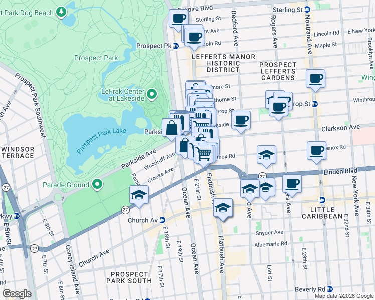 map of restaurants, bars, coffee shops, grocery stores, and more near 144 Woodruff Avenue in Brooklyn